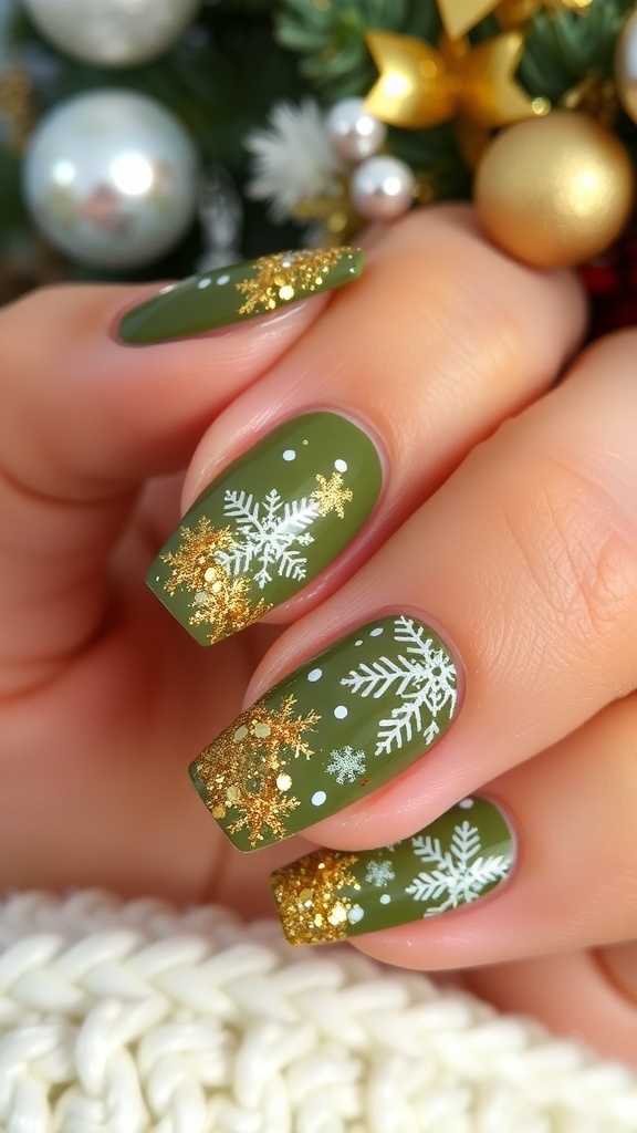 Olive green Christmas nail art with gold glitter and snowflakes.